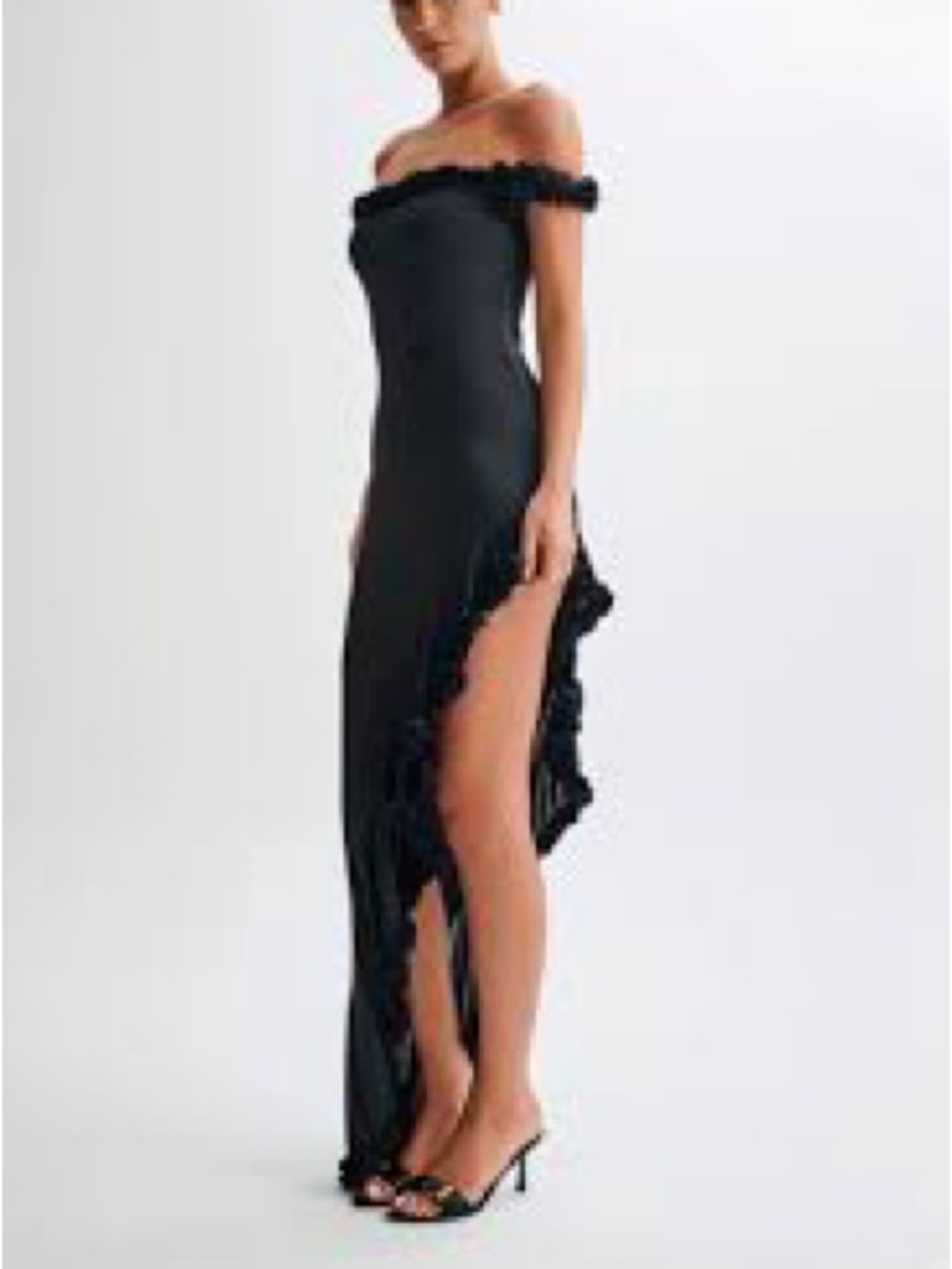 Meshki Arielle Black One-Shoulder Ruffle Maxi Dress